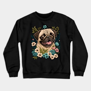 Happy Pug and Flowers Dog Illustration Crewneck Sweatshirt